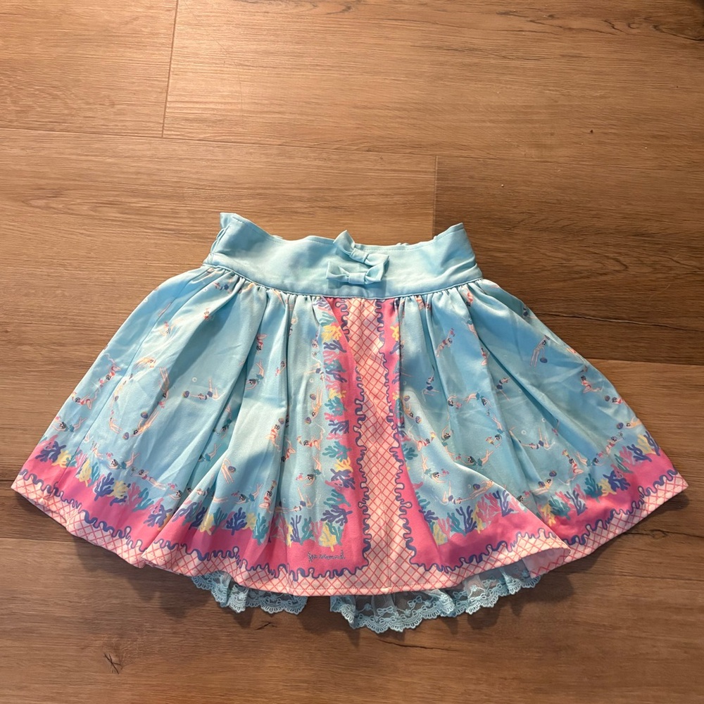 Lyn around Blue Floral Girls Skirt with Pink Border